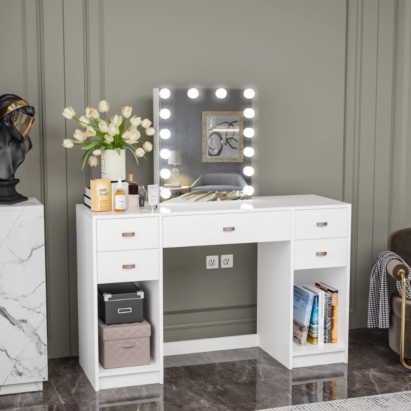 Ember Interiors Candace Modern Painted Vanity Table, USB Port, Lights, for Bedroom makeup table vanity desk