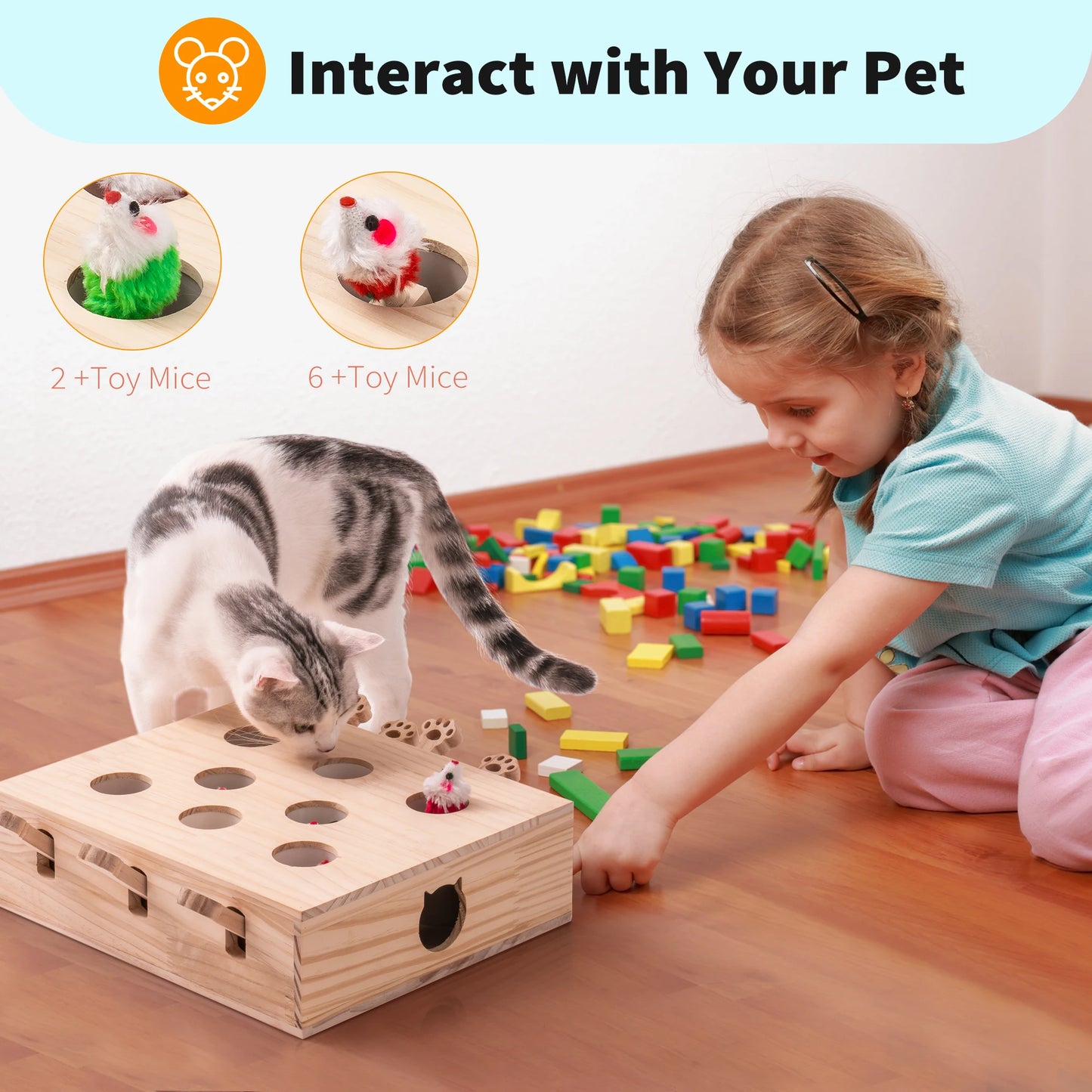 Mewoofun Cat Toys Interactive Whack-a-mole Solid Wood Toys for Indoor Cats Kitten Catch Mice Game 8 Holes US Stock