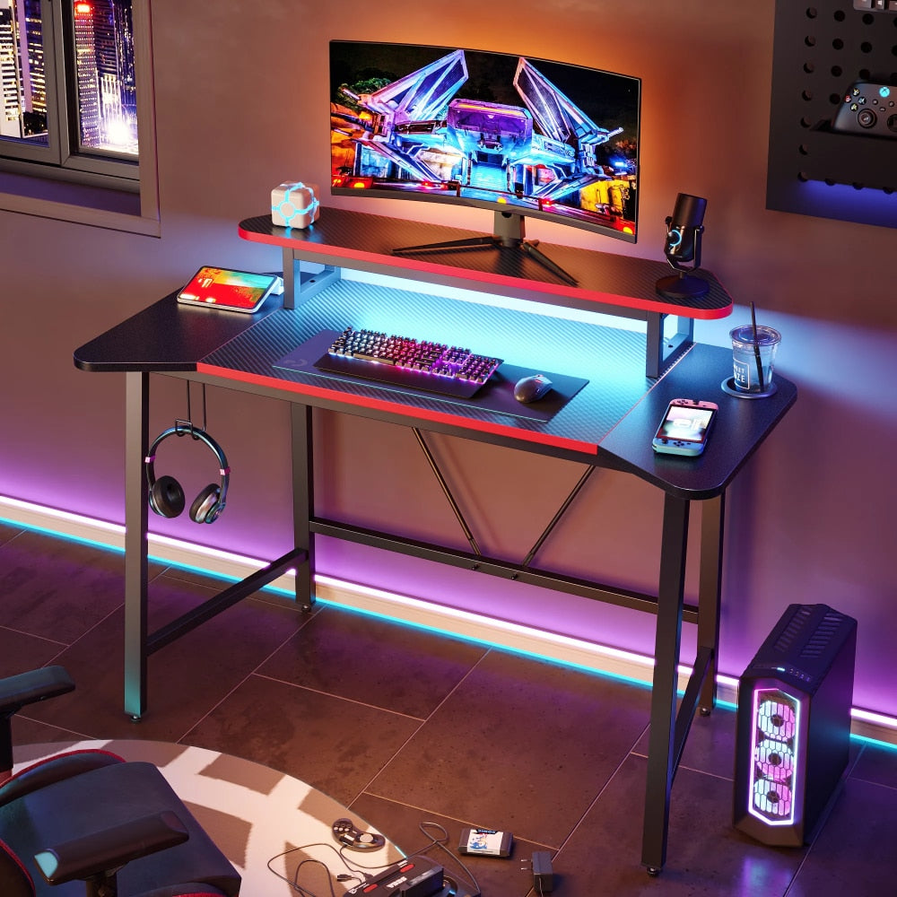 50.3&quot; Gaming Desk Computer Office Table with LED Lights &amp; Monitor Stand, Carbon Fiber office desk  office furniture  gaming desk