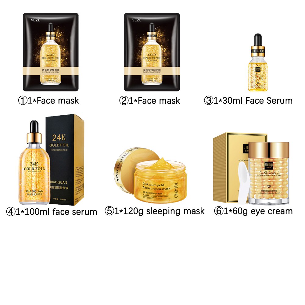 24K Gold Skin Care Sets Nicotinamide Face Serum Collagen Whitening Cream Facial Care Kit Face Mask Korean Face Skincare Product