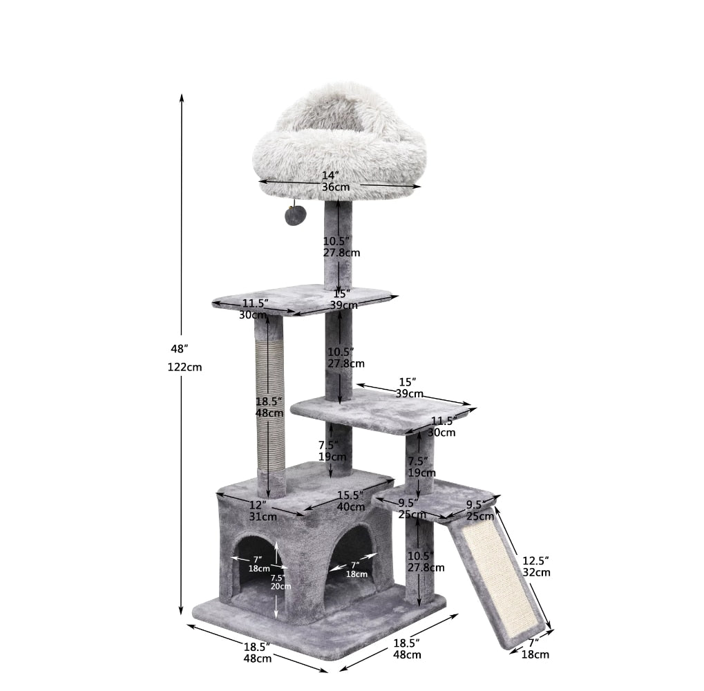 Catry 4-Level Grey Cat Tree With Condo and Scratching Pad, 48&#39;&#39; Height cat tower  cat wheel