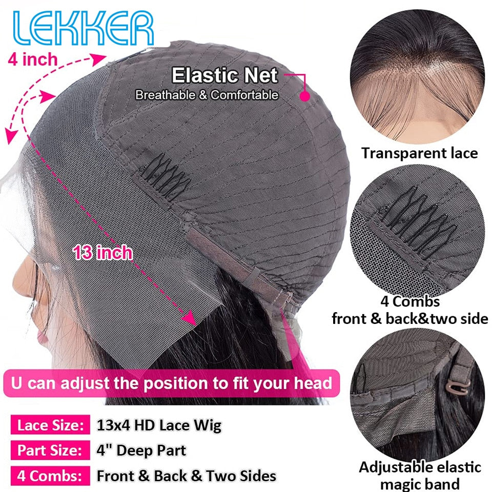 Lekker Straight 13x4 Transparent Lace Frontal Human Hair Wig For Women Pre Plucked Glueless Brazilian Remy Hair 180% Density