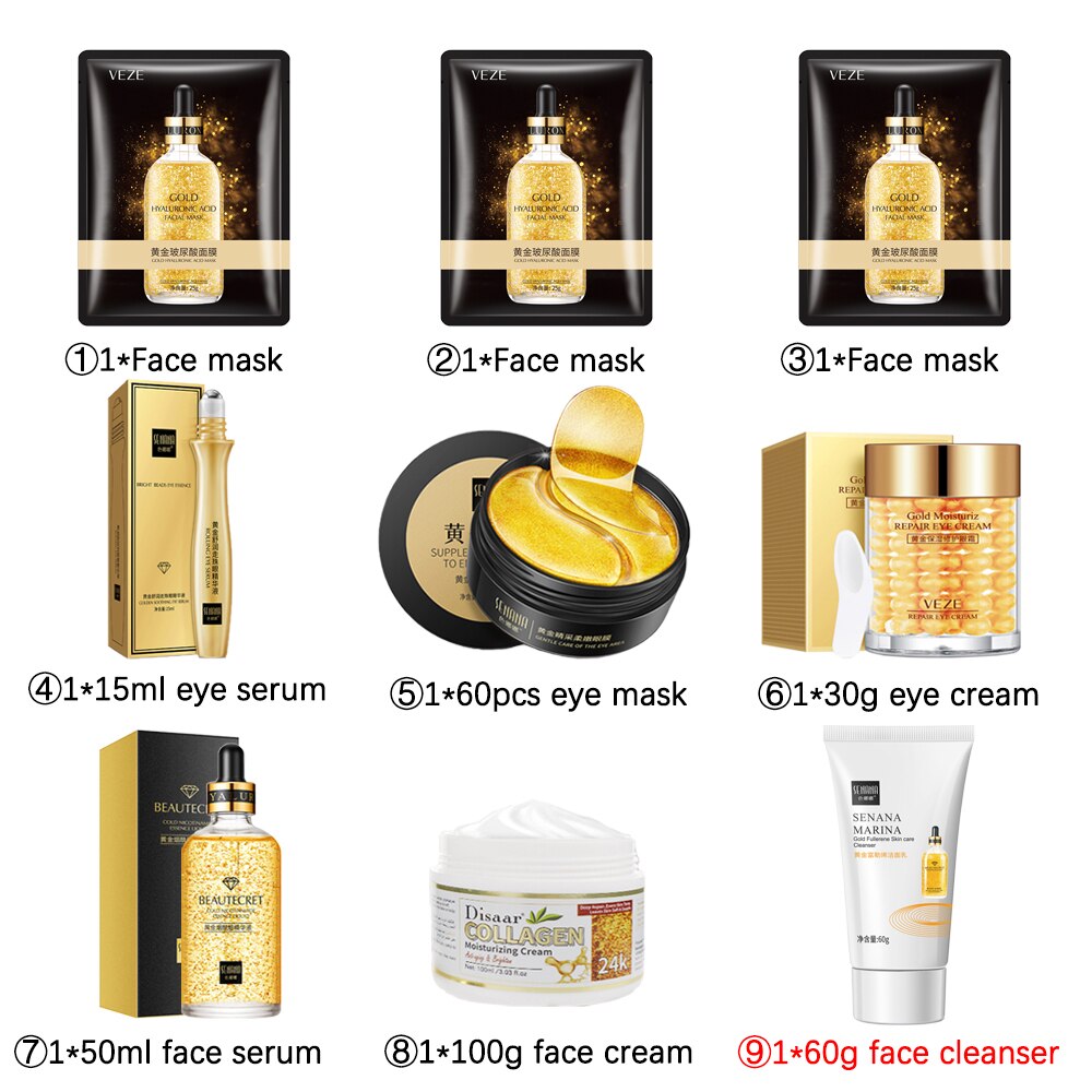 24K Gold Skin Care Sets Nicotinamide Face Serum Collagen Whitening Cream Facial Care Kit Face Mask Korean Face Skincare Product