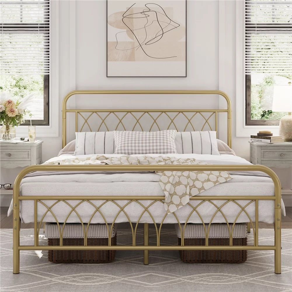 Metal Platform Bed Frame with Headboard and Footboard, Bedroom,Stainless Steel,Durable and Strong, Antique Gold