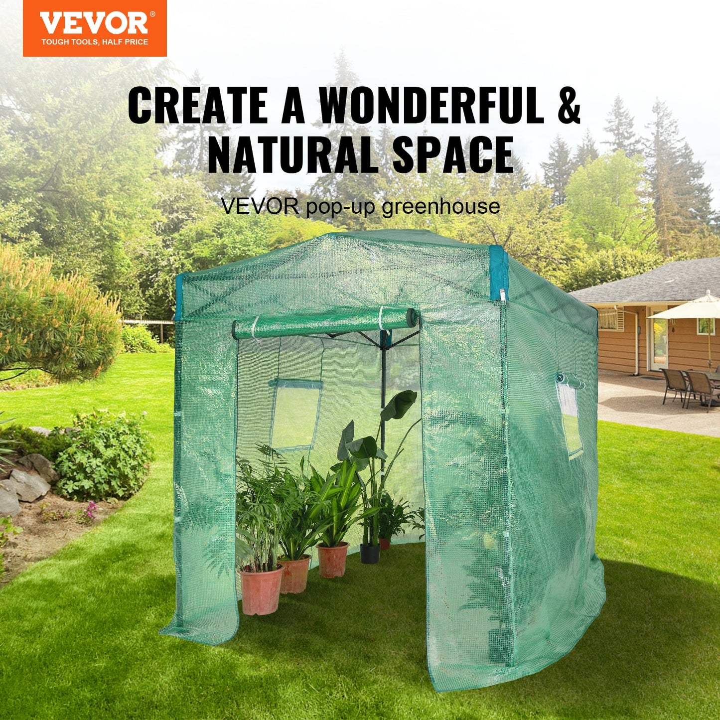 VEVOR 8&#39;x6&#39;x7.5&#39; Pop Up Greenhouse, Set Up in Minutes, High Strength PE Cover with Doors &amp; Windows and Powder-Coated Steel Frame