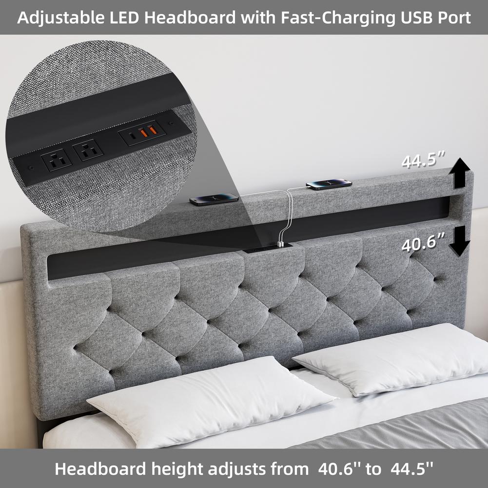 Full Bed Frame LED Lights Headboard Bed Frame with Fast-Charging USB Port Upholstered Platform Bed Frame No Box Spring Needed