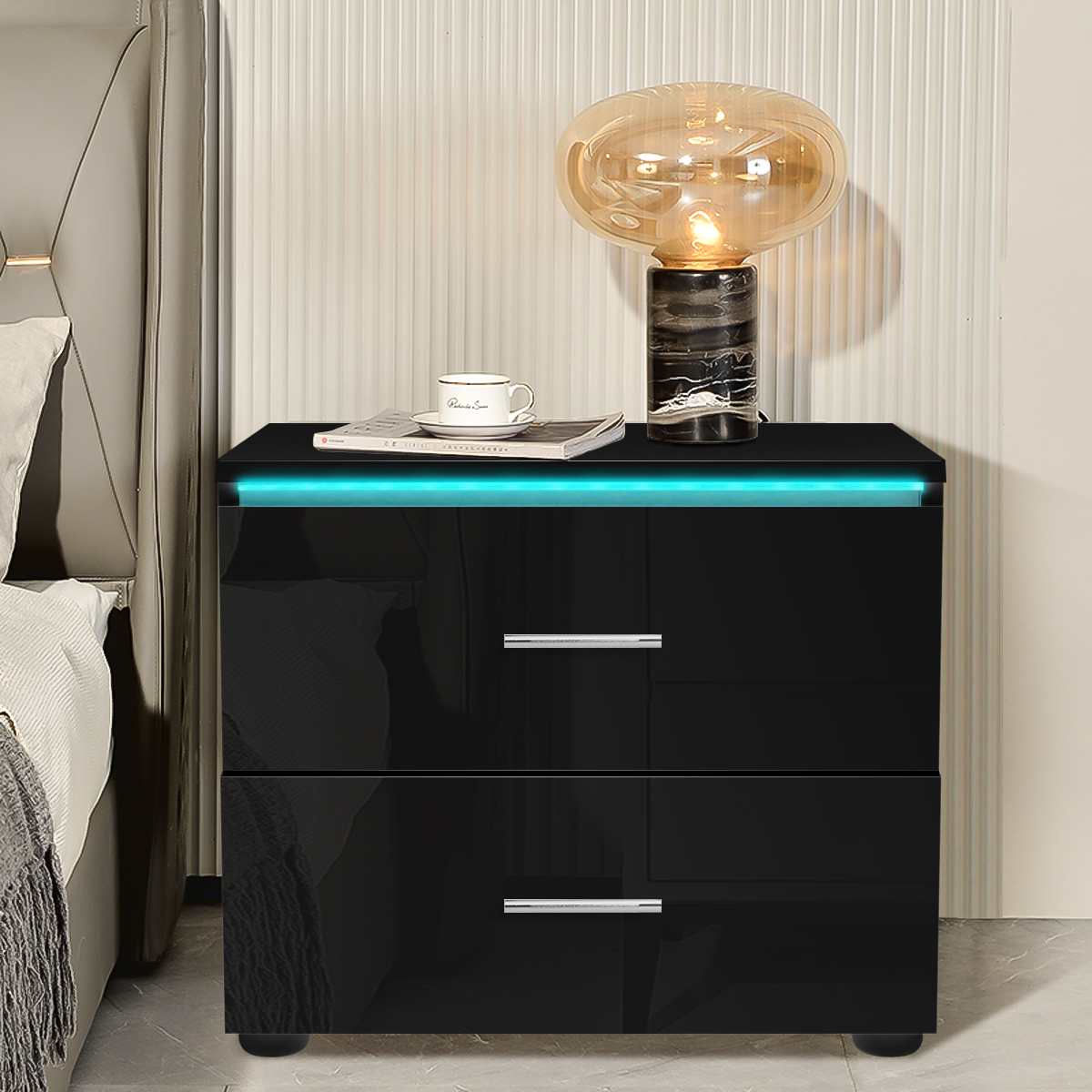 Modern Night Tables High Gloss LED Light Nightstand with 2 Drawer 20 Modes LED RGB Bedside Table Home Bedroom Bedside Cabinet