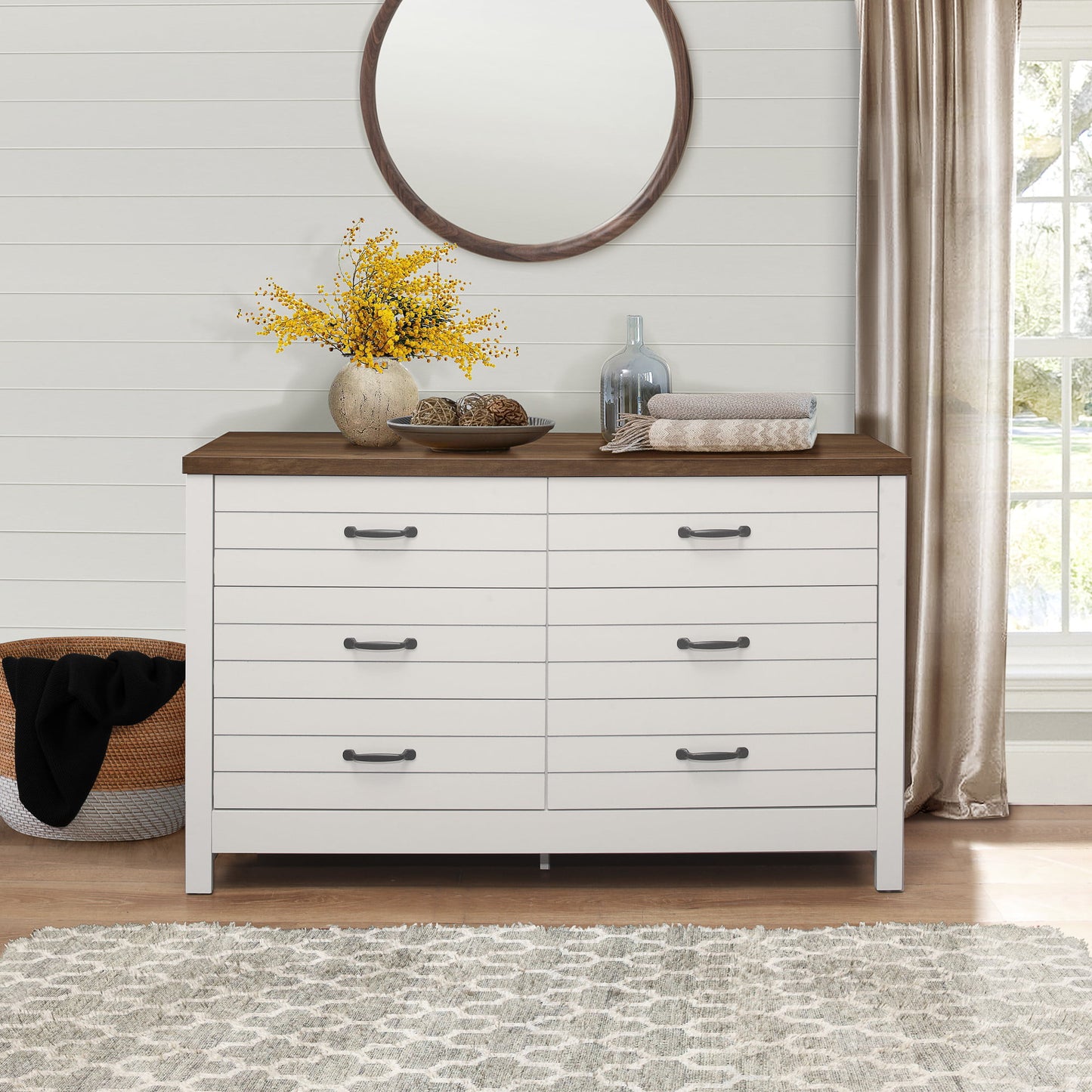 Farmhouse Oak Top 6-Drawer Dresser, Ivory, by Living Room and bedroom drawers