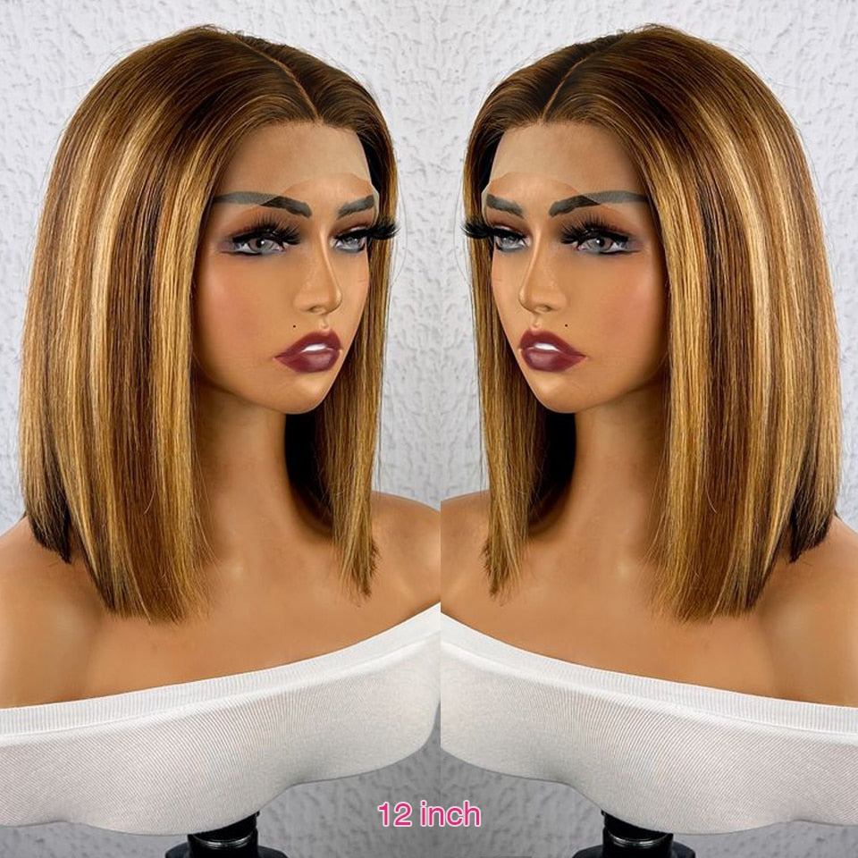 Short Ombre Honey Blonde Bob Wig With Baby Hair 13x6x1 Lace Front Honey Brown Straight Human Hair Wigs For Women Highlight Wigs