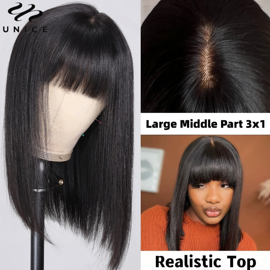 UNice Hair Wear Go Straight Bob Wig With Bang 3x1 Lace Wig Pre Plucked Middle Part Human Hair Wigs for Women Glueless Wig