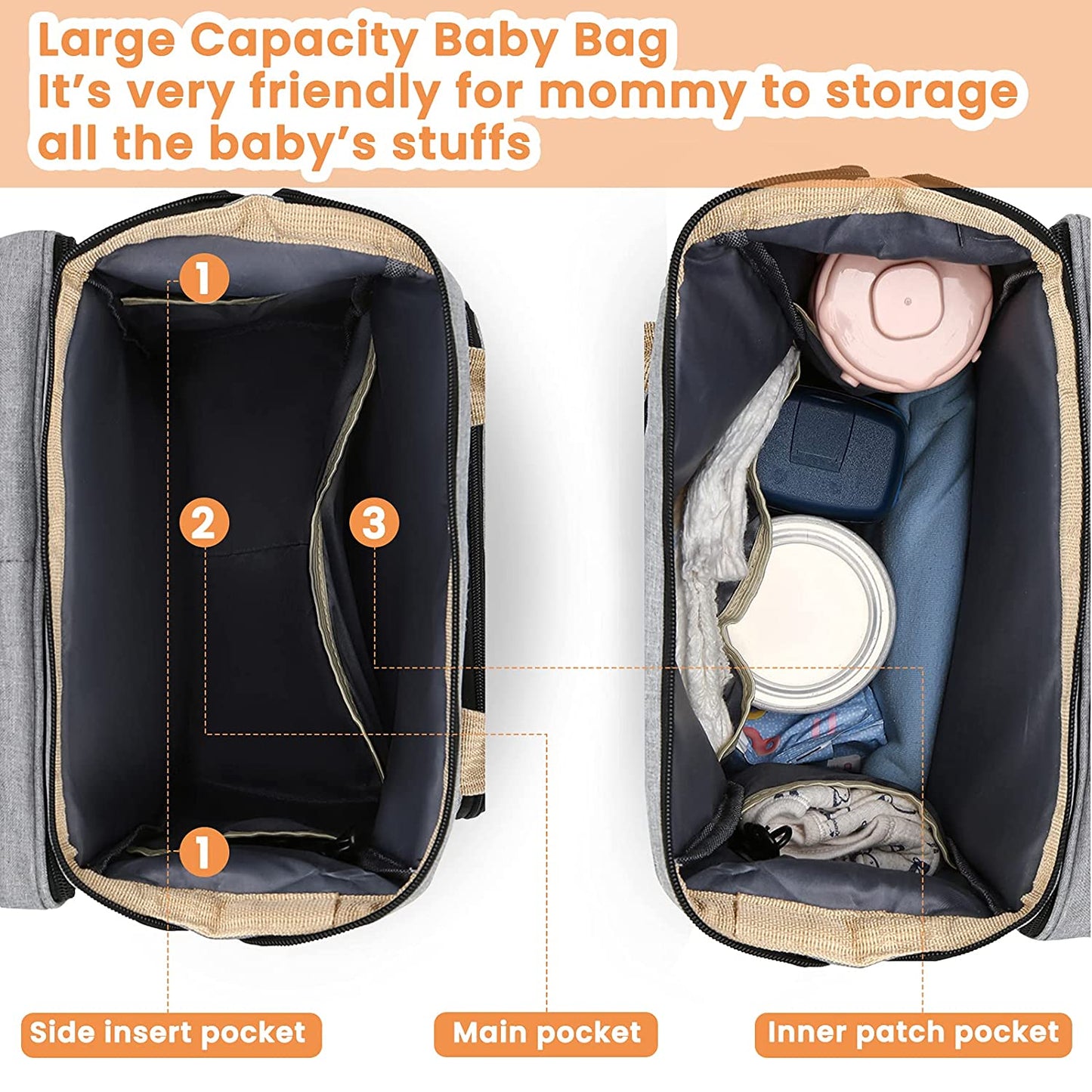 Fashionable Mommy Bag Folding Baby Bed Mother Large Capacity Portable Milk Bottle Diaper Double Shoulder Mom&#39;s Bag