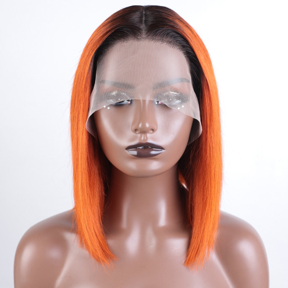 Sleek Straight Bob Human Hair Wigs For Women 13X6X1 Orange Colored Lace Front Wigs With Black Root Ombre Brazilian Hair Wigs