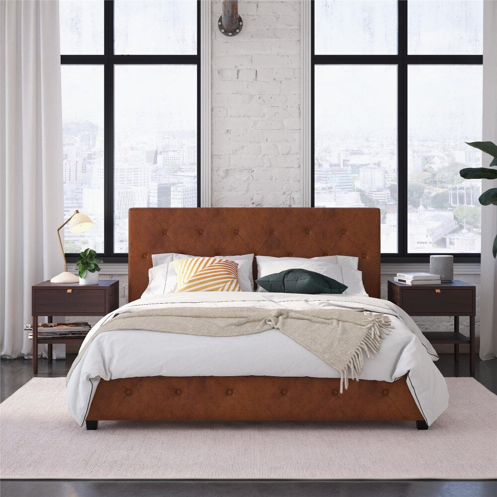 DHP Dakota Tufted Upholstered Platform Bed Frame, Queen, Camel Faux Leather