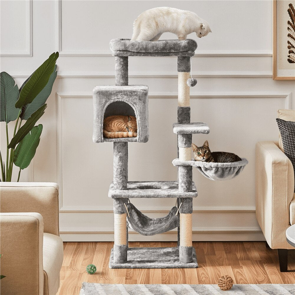 SMILE MART 51.5&quot; Cat Tree with Climbing Hole and Condo, Light Gray