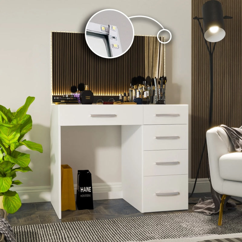 Ember Interiors Zoey Modern White Painted Vanity Table, Lights, for Bedroom makeup table vanity desk