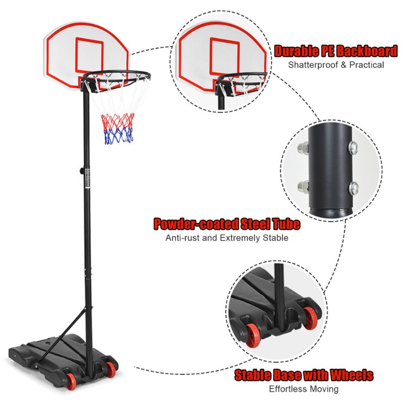 SKONYON Kids Portable Height-Adjustable(5.5ft-6.8ft) Sports Basketball Hoop Backboard System Stand with Wheels - Black