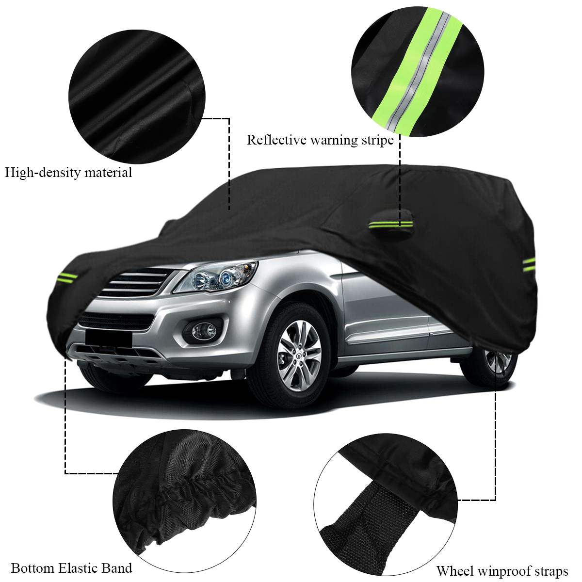 Full Car Cover 190T Waterproof Universal SUV Snow Cover Anti UV Sunshade Vehicle Dustproof Case Cover Black w/ Reflective Strip