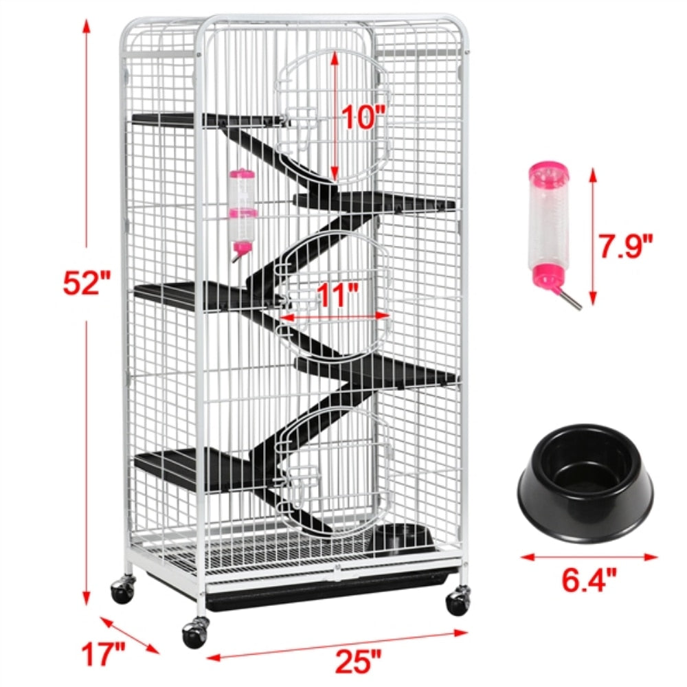 6 Level Large Metal Cat Cage with 3 Front Doors, Strong and Durable，White, 25.20 X 17.20 X 52.00 Inches