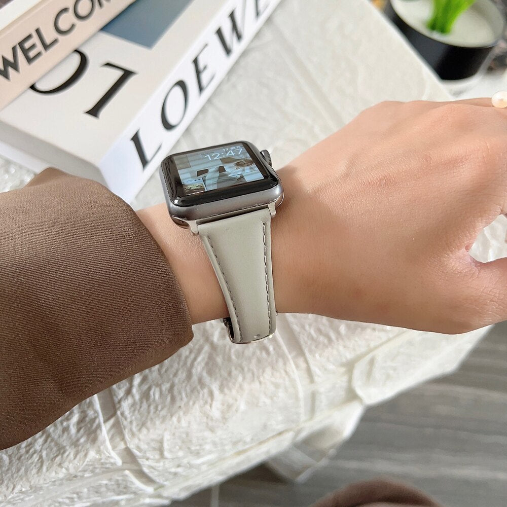 Leather Strap for Apple Watch Series 8 7 SE 6 5 4 3 2 Ultra 49mm Butterfly Buckle Lady Bracelet for iWatch 41 45mm 44 40 38 42MM