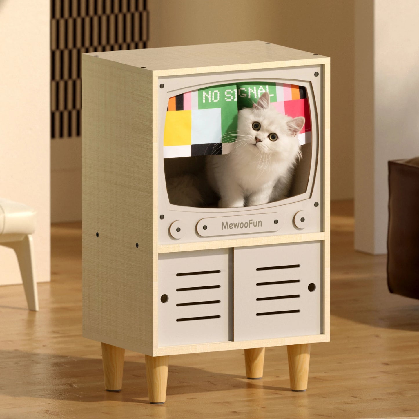 MEWOOFUN Cat Wooden House TV Appearance Design Cat Bed Sturdy Structure Furniture Decoration Easy to Clean Assembly US Stock