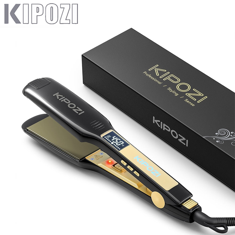 KIPOZI KP-139 Professional Straightener Titanium Flat Iron with Digital LCD Display Dual Voltage Instant Heating Curling Iron