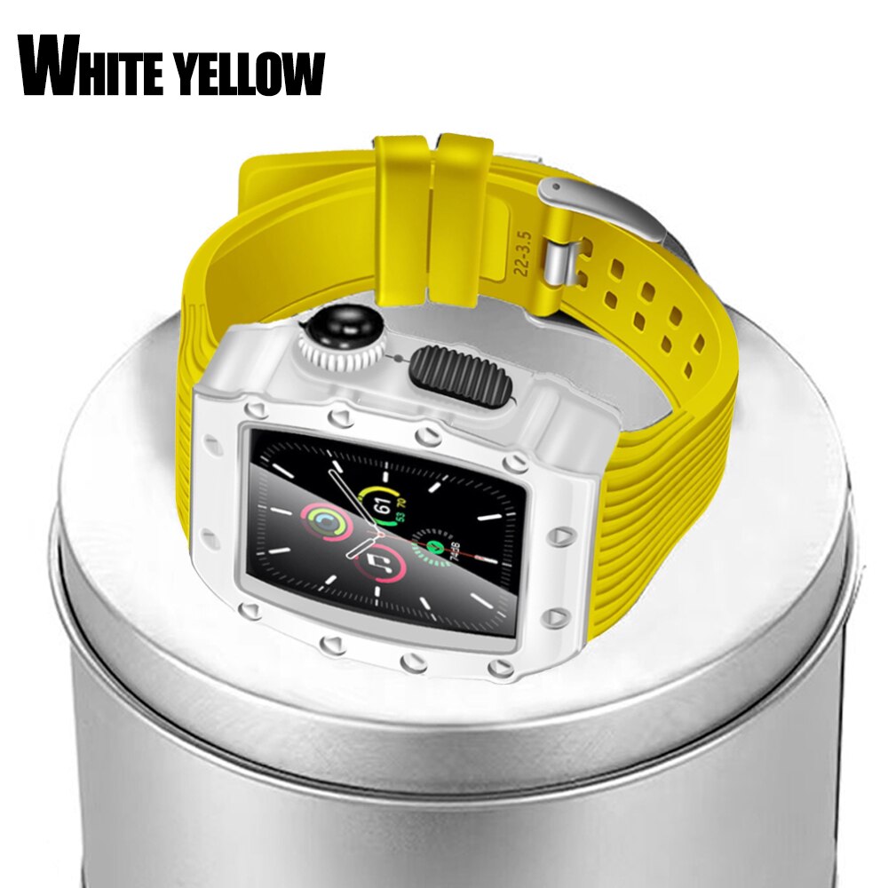 Luxury Modification Case Band for Apple Watch Series 8 7 6 5 4 44mm 45mm Men Rugged Case Silicone Sport Band for iWatch 6/5/4 SE