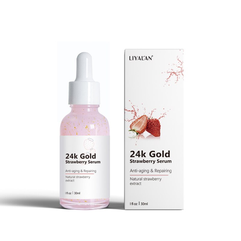 LIYALAN 24K Gold Leaf Strawberry Vitamin C Face Serum Dry Skin Moisturizing Facial Whitening Repair Anti-Aging Wrinkles Essence