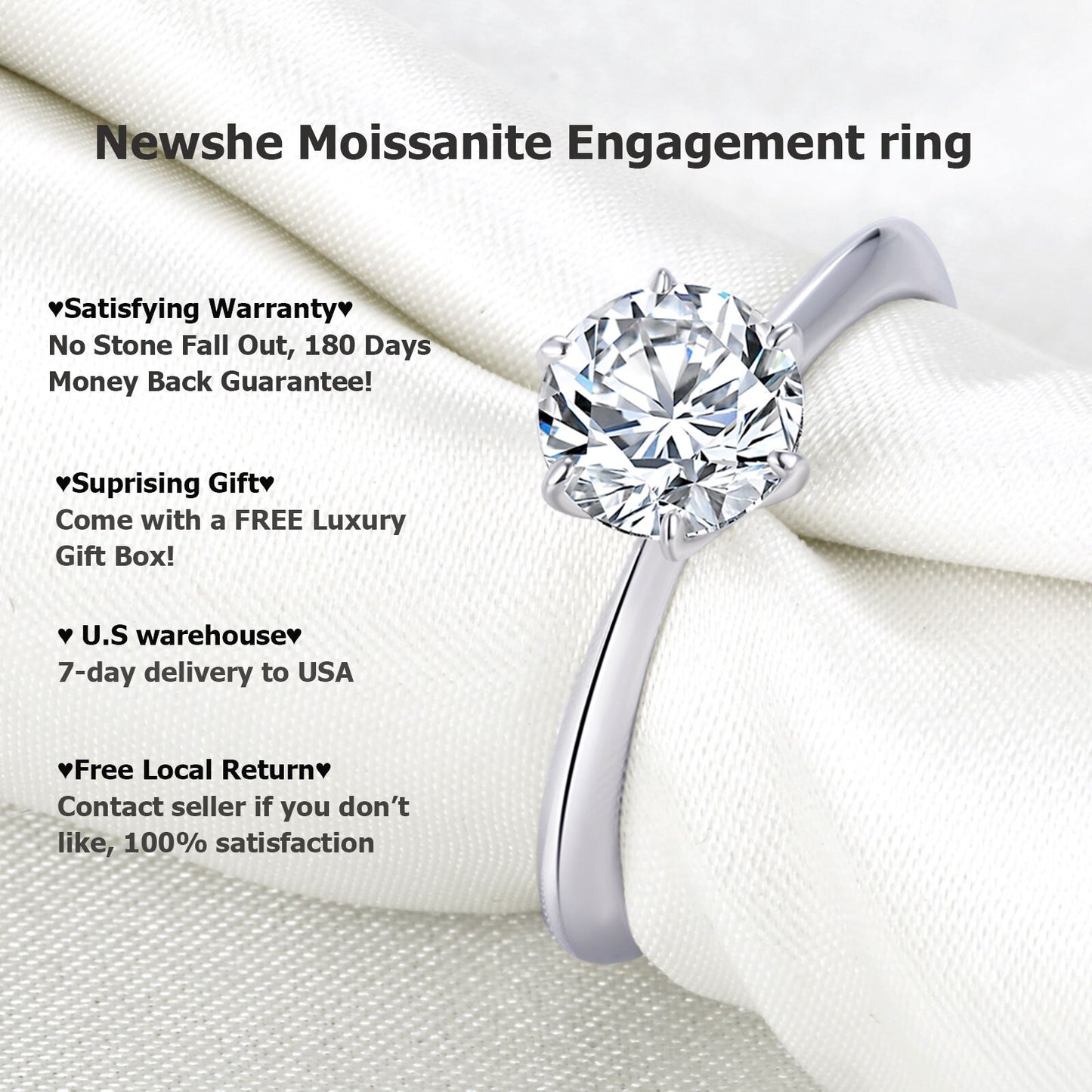 Newshe Solitaire 1 Carat D Color Moissanite Engagement Rings for Women 925 Sterling Silver Wedding Jewelry Size 4-13