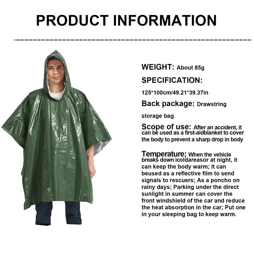 Emergency Thermal Blanket Raincoat Portable Outdoor Survival Rain Poncho Camping Travel Foldable Safety First Aid Kit for Hiking