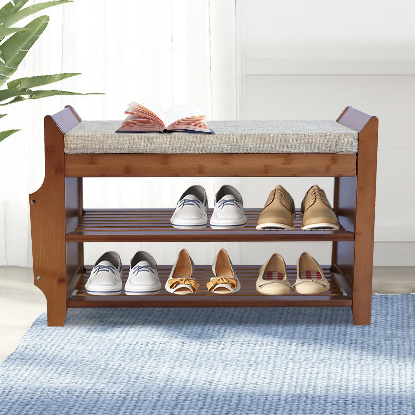 Shoe Bench Shoe Rack Organizer For Hallway Entryway 2-Tier Bamboo Cushion Storage Shelf With Soft Seat