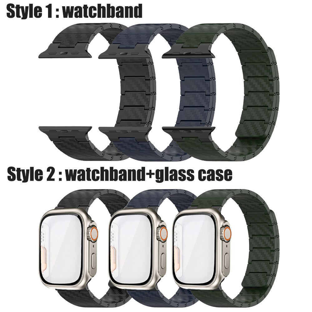 Carbon fiber glass case loop strap for Apple Watch series 8 Ultra 49mm 42 44 45mm magnetic band for iWatch 8 7 6 5 se 4 40 41mm