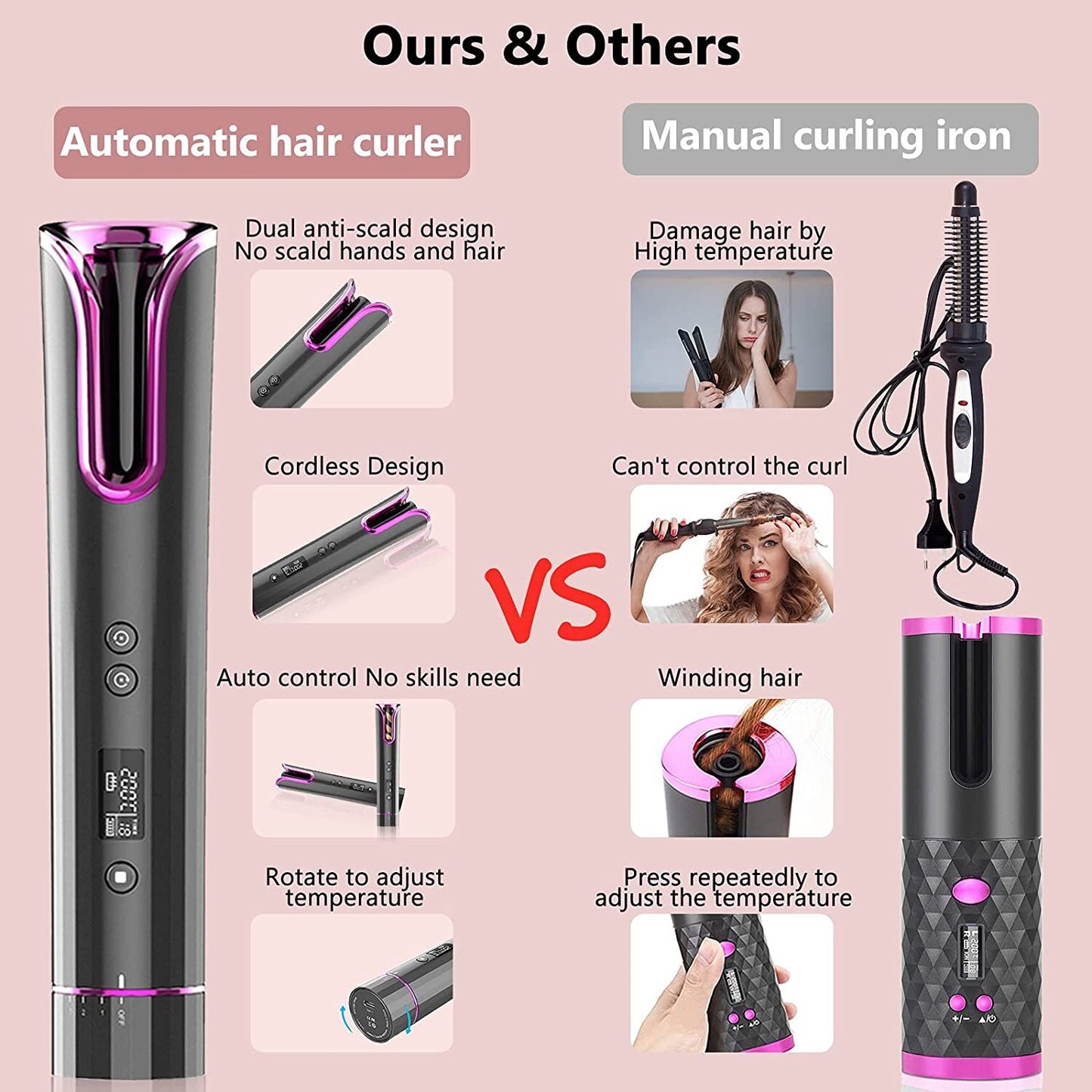 Automatic Curling Iron with 4 Adjustable Temperature, Portable Cordless Curling Iron &amp; LCD Display ,  Full Anti-Scalding