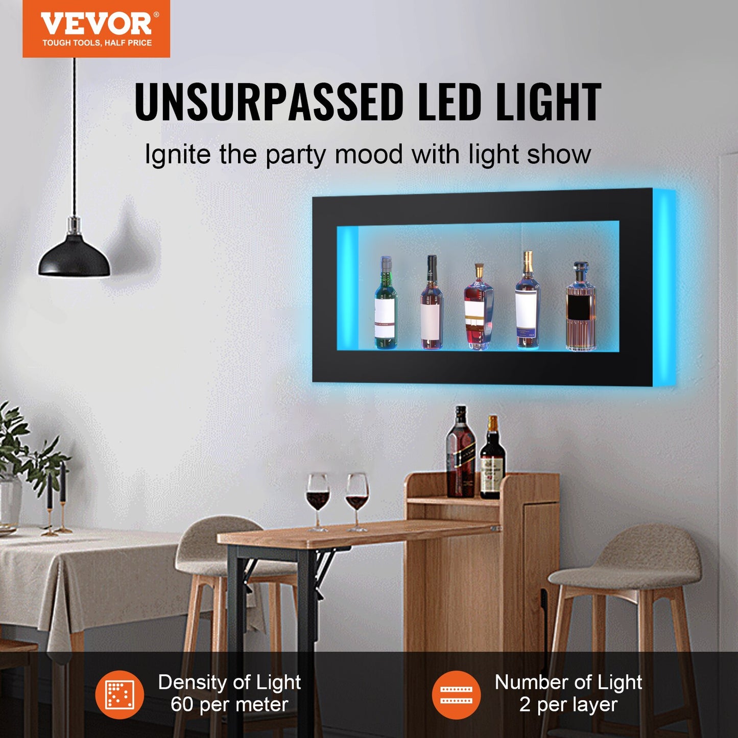 VEVOR LED Lighted Liquor Bottle Display, Illuminated Home Bar Shelf w/RF Remote &amp; App Control 7 Static Colors 1-4 H Timing