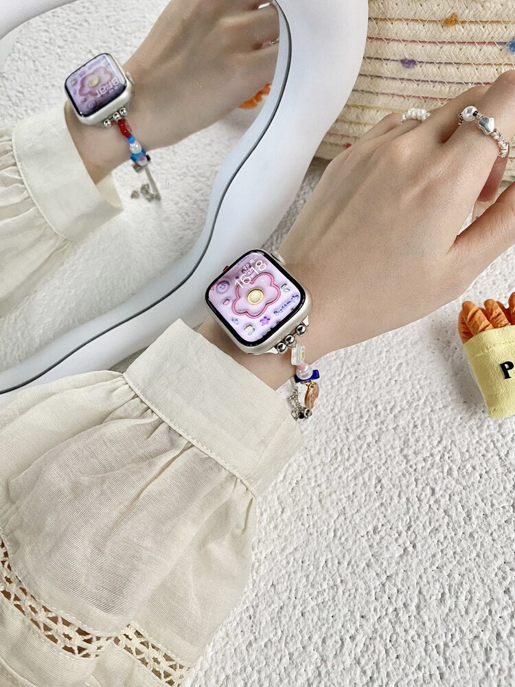 Girls Band for Apple Watch 8 41mm 38 40mm Ultra 49mm 42mm 44 45mm Cute Flower Stainless Steel Bracelet for iwatch 8 7 6 5 4 Se 3