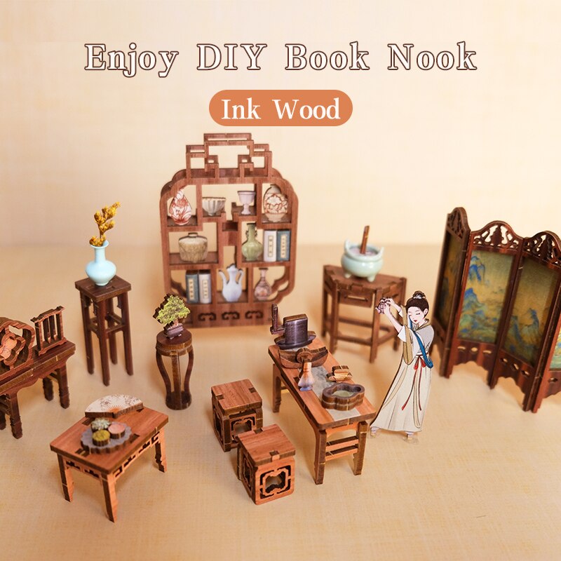 Cutebee DIY Book Nook Shelf Insert Kit Miniature Dollhouse with Furniture Touch Lights Elegant Song Wooden Model for Adult Gifts