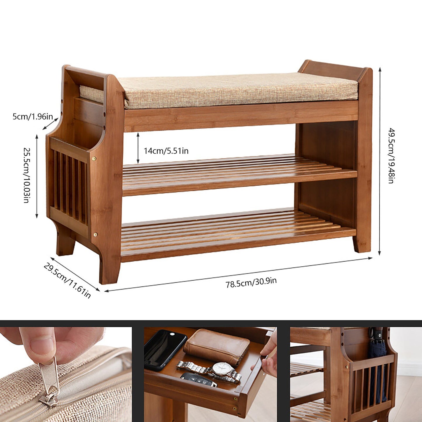 Shoe Bench Shoe Rack Organizer For Hallway Entryway 2-Tier Bamboo Cushion Storage Shelf With Soft Seat