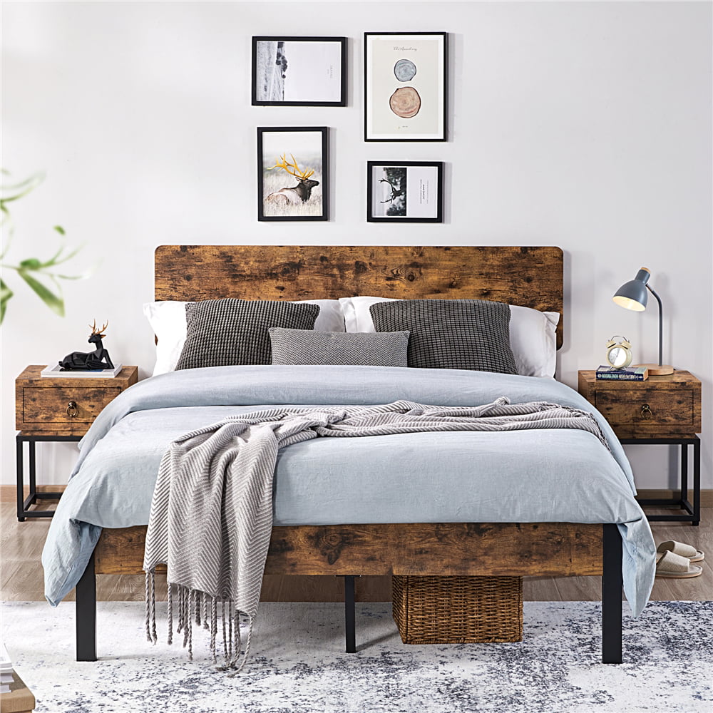 Easyfashion Metal Bed Frame with Wooden Headboard, Rustic Brown, Queen