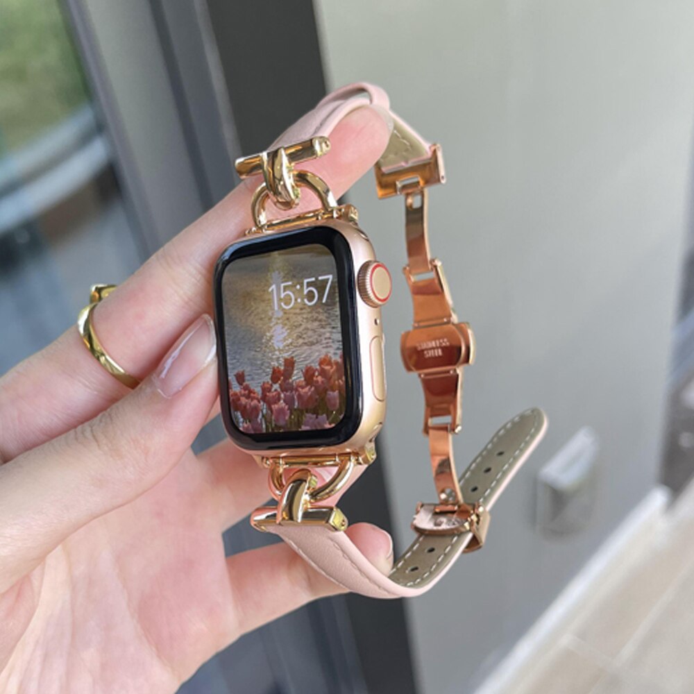 Leather Women Bracelet for Apple Watch Ultra 49mm 41 45mm 38 40mm 42 44MM Butterfly Buckle Band for iWatch Series 8 7 6 SE 5 4 3