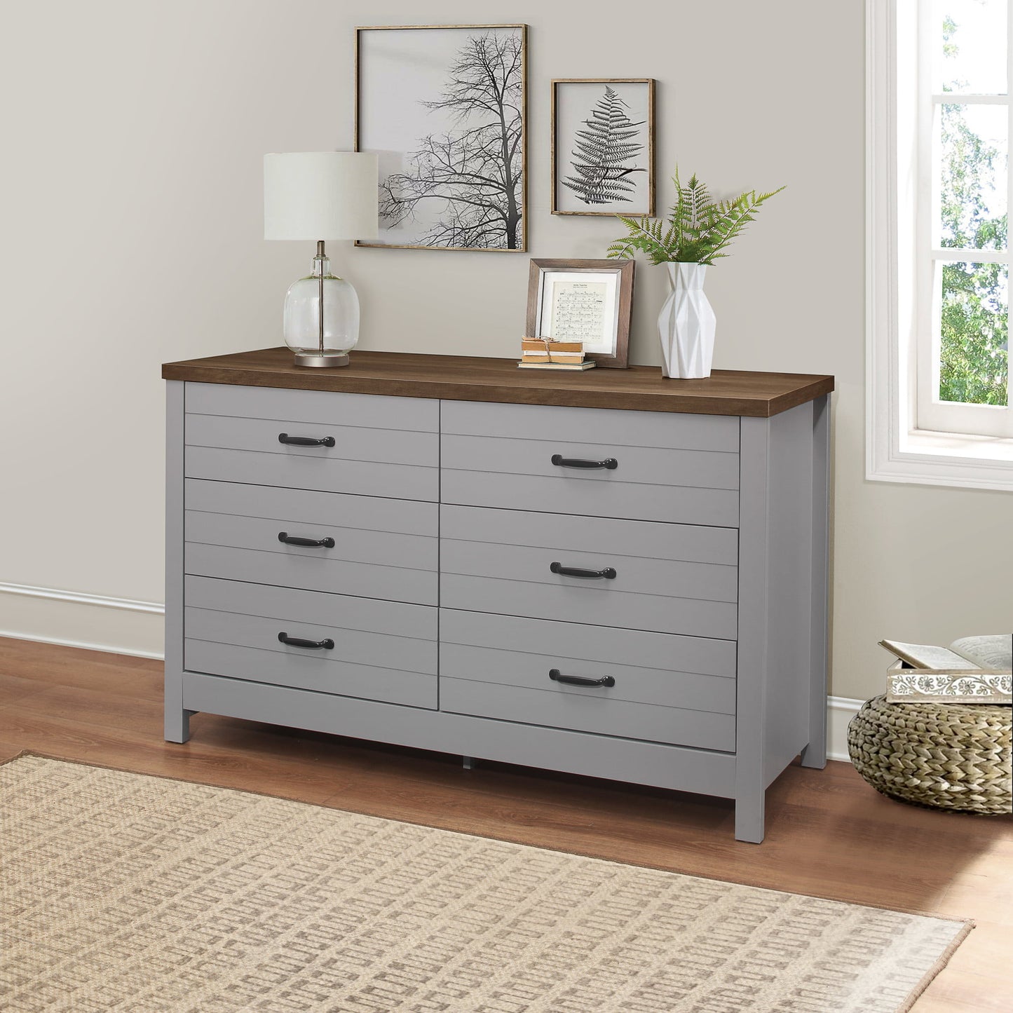 Farmhouse Oak Top 6-Drawer Dresser, Ivory, by Living Room and bedroom drawers