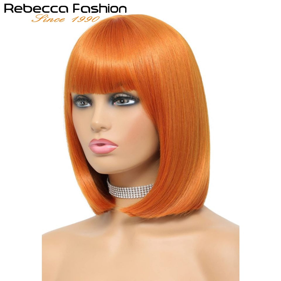 180D Orange/Ginger Colored Blonde Straight Human Hair Bob Wigs With Bangs Remy Full Machine Made for Women P4/30 613 99J T1B/27