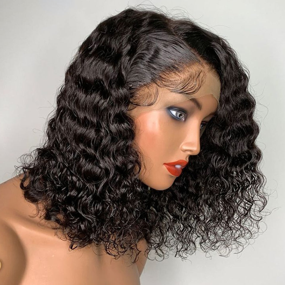 Side Part Water Wave Wigs 13x5x2 Short Curly Bob Human Hair Wigs for Women Brazilian Afro Deep Wave Wig Perruque Cheveux Humains