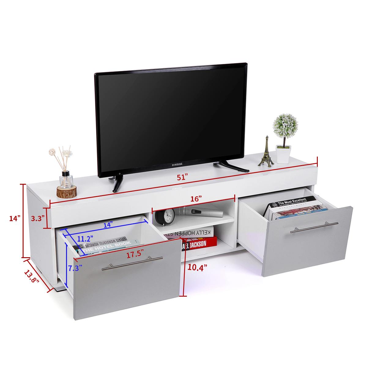 51&#39;&#39; High Gloss Modern TV Unit Bracket with LED Light TV Stands Living Room Furniture TV Cabinet with 2 Drawers Home Furnishings