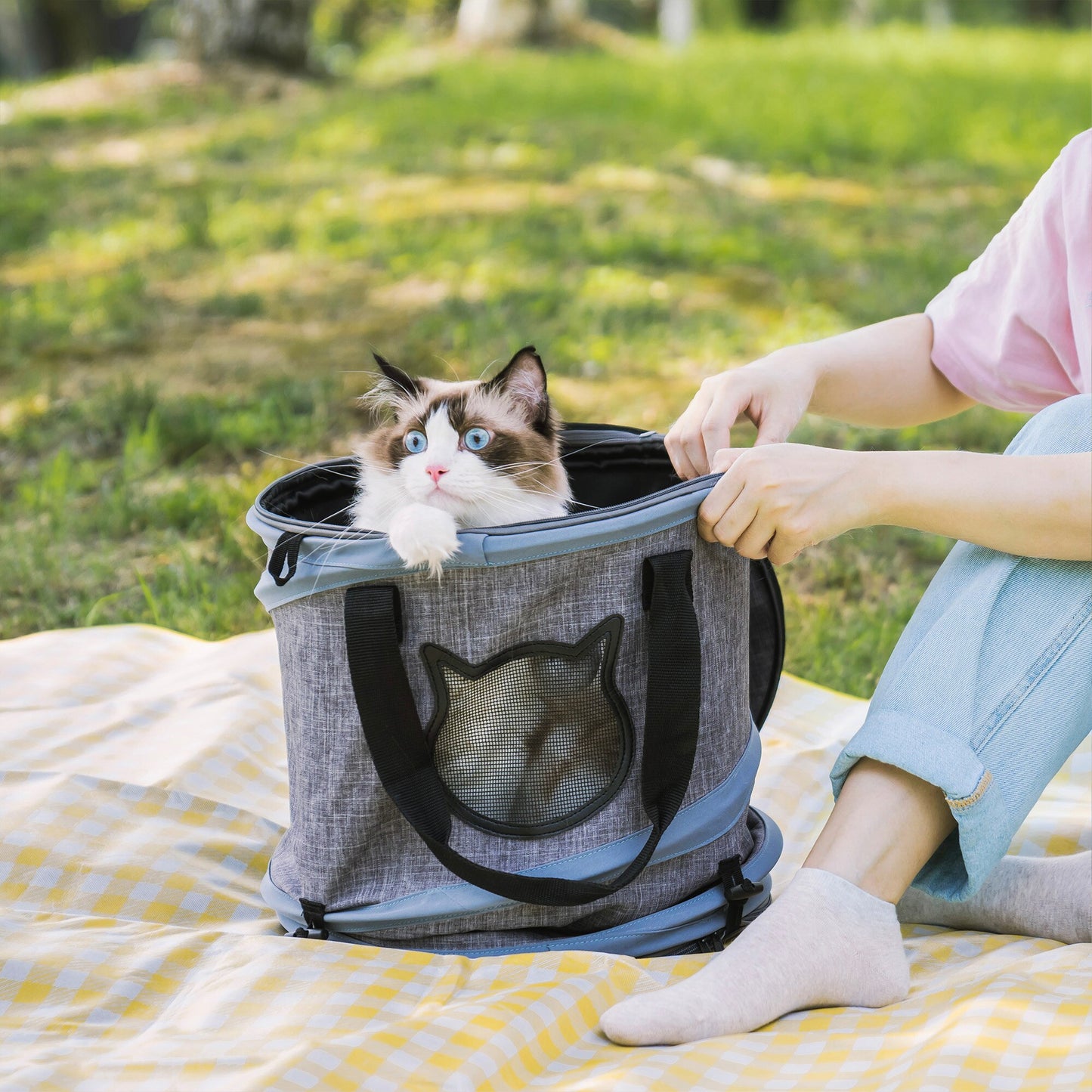 MEWOOFUN 3 In 1 Portable Pet Travel Bag Oxford Cloth With Bell Ball Foldable Easy To Take Cat Dog House for Outing US Stock