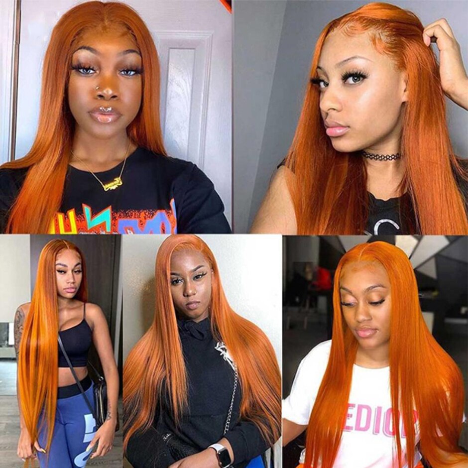 28 30 32 Inch Orange Ginger Lace Front Wig Human Hair 13x4 Straight Lace Front Wig Pre Plucked Transparent 4x4 Lace Closure Wig