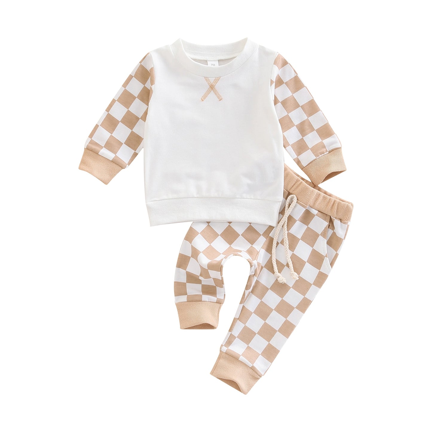 2022-07-16 Lioraitiin 0-3Years Toddler’s 2Pcs Clothes Set Fashion Checkerboard Printed Long Sleeve Tops Tie-up Long Pants