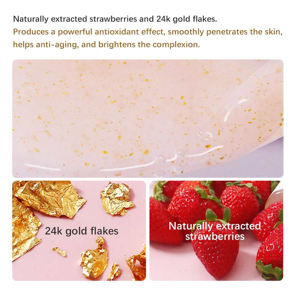 LIYALAN 24K Gold Leaf Strawberry Vitamin C Face Serum Dry Skin Moisturizing Facial Whitening Repair Anti-Aging Wrinkles Essence