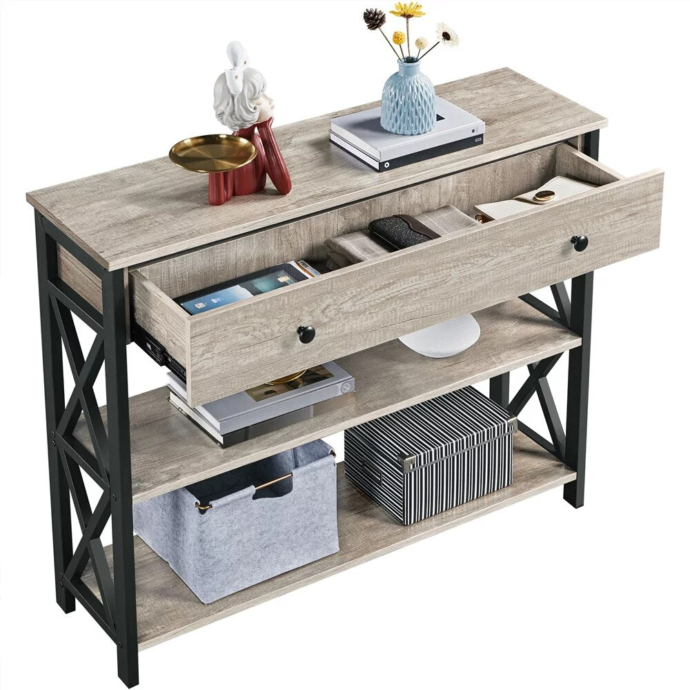 Wood and Iron Console Table, 1 Drawers and 2 Shelves，Durable and Strong，51.4 Lbs，39.50 X 11.60 X 31.70 Inches