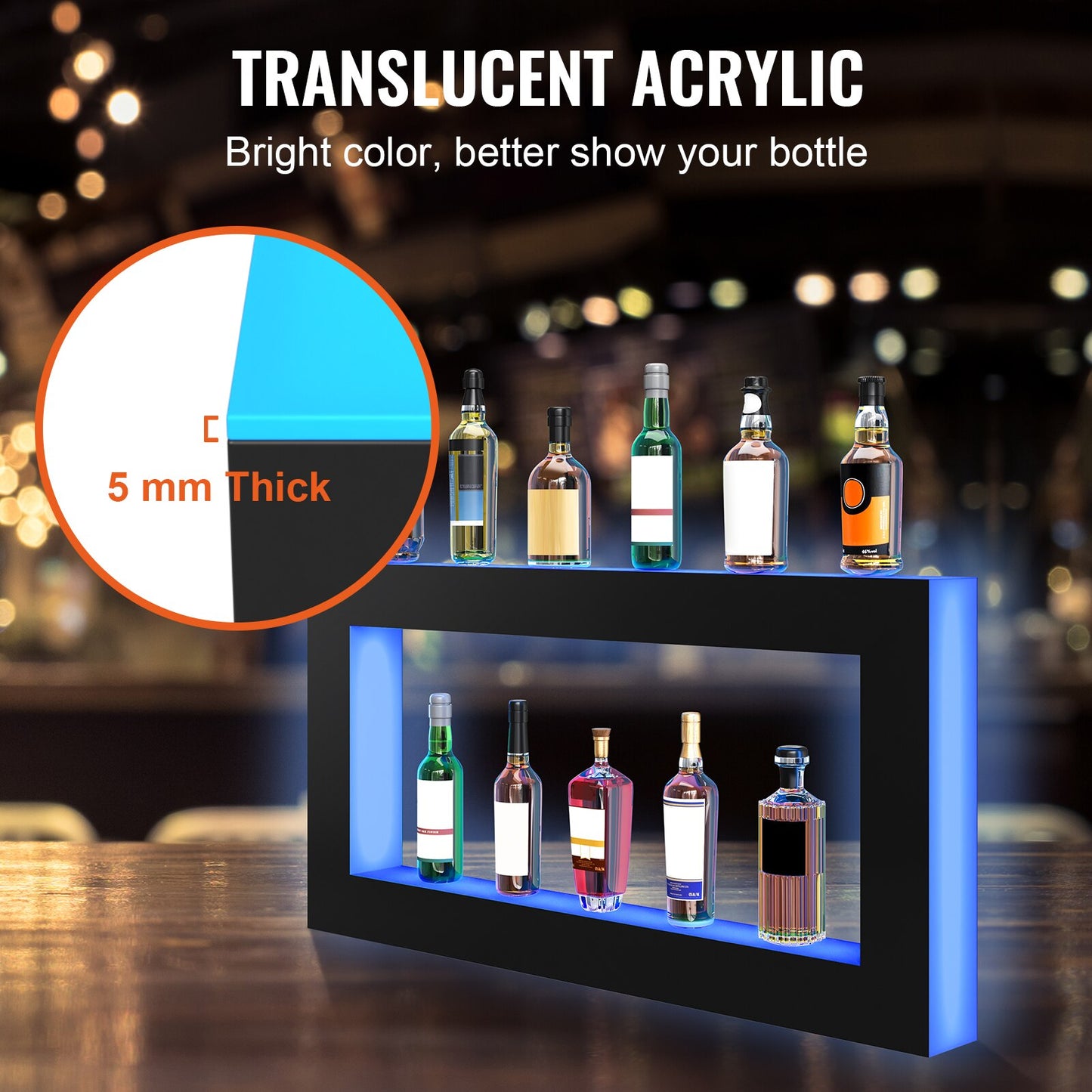 VEVOR LED Lighted Liquor Bottle Display, Illuminated Home Bar Shelf w/RF Remote &amp; App Control 7 Static Colors 1-4 H Timing