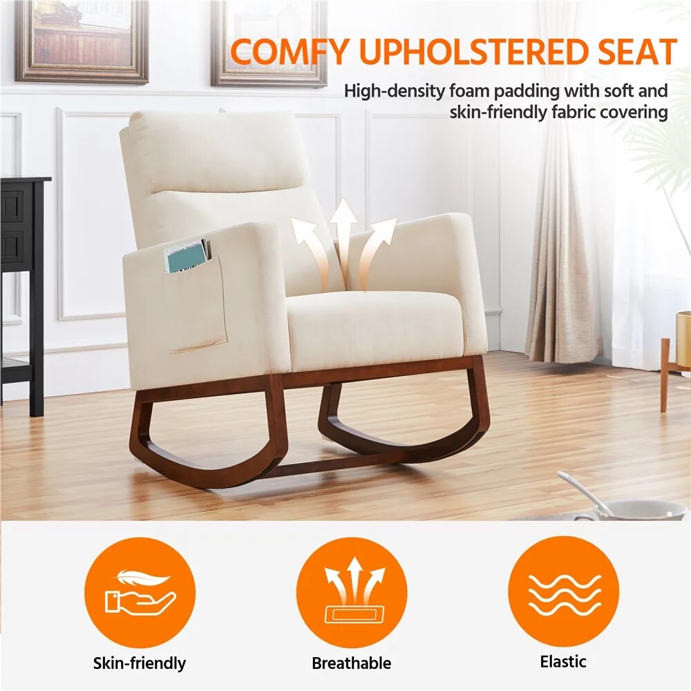 2023 New Smile Mart Modern Upholstered Rocking Chair with Rubber Wood Legs for Living Rooms