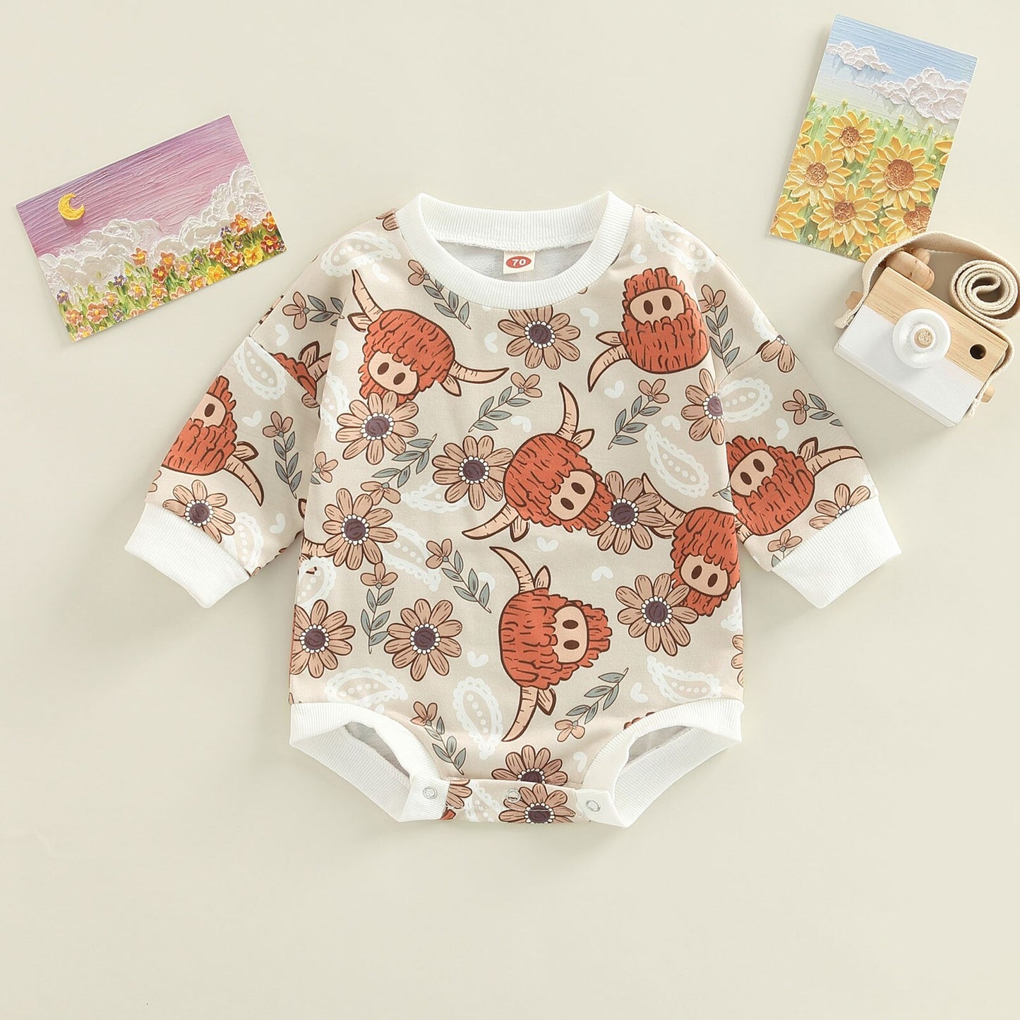 2022-07-22 Lioraitiin 0-24M Newborn Baby Girl Boy Autumn Bodysuit Long Sleeve Cartoon Cow Head Cactus/Floral Print Jumpsuit